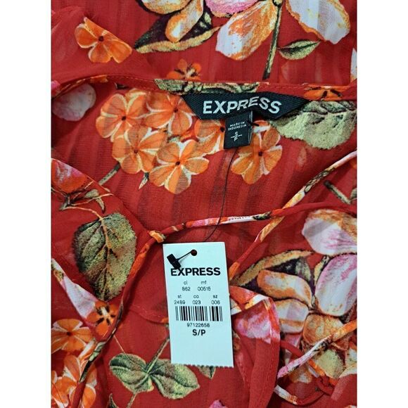 Express Womens Small Top Red Orange Flutter Sleeve Blouse Floral - Picture 6 of 8
